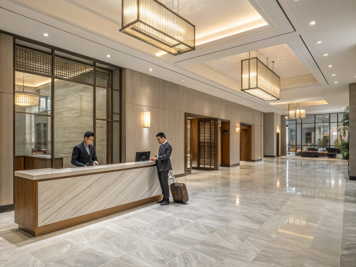 Modern boutique hotel lobby with premium AI editing