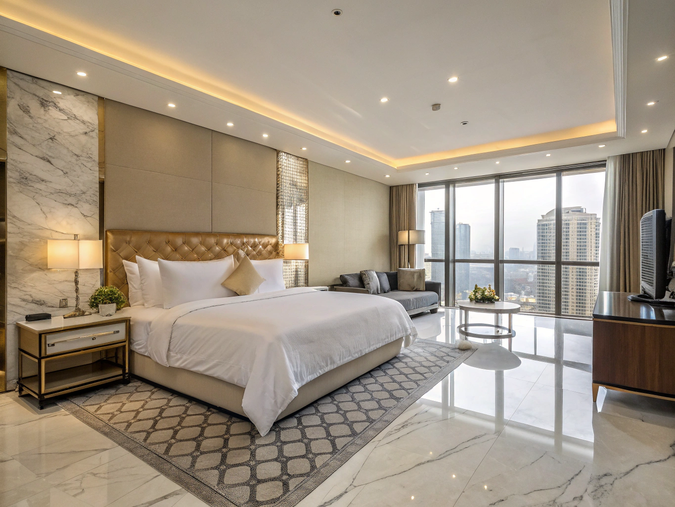 AI-enhanced luxury hotel suite with warm lighting