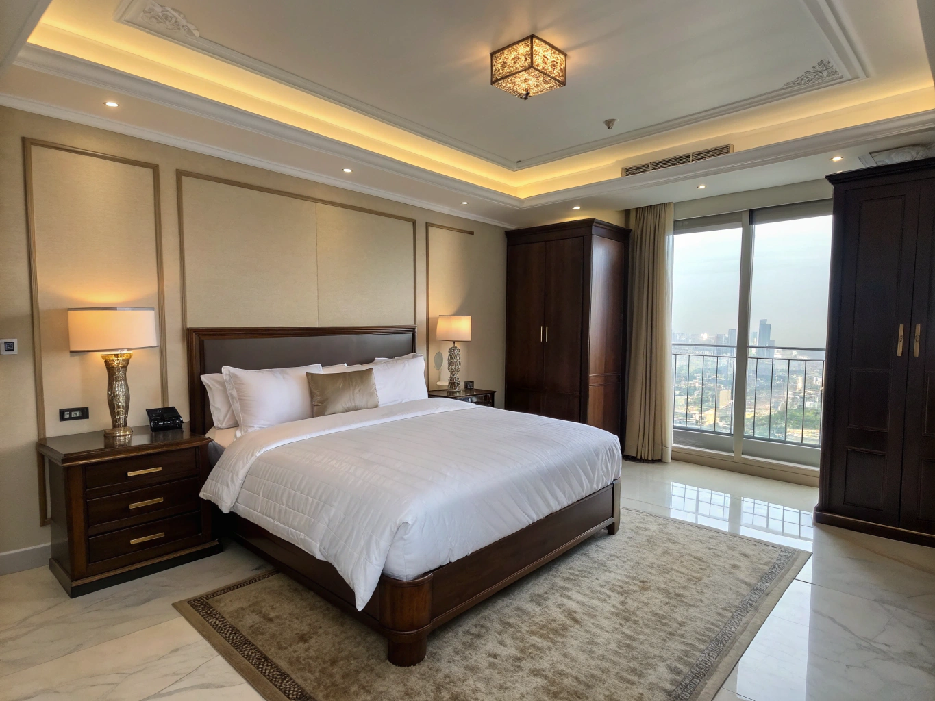 Elegant master bedroom with soft gold accents